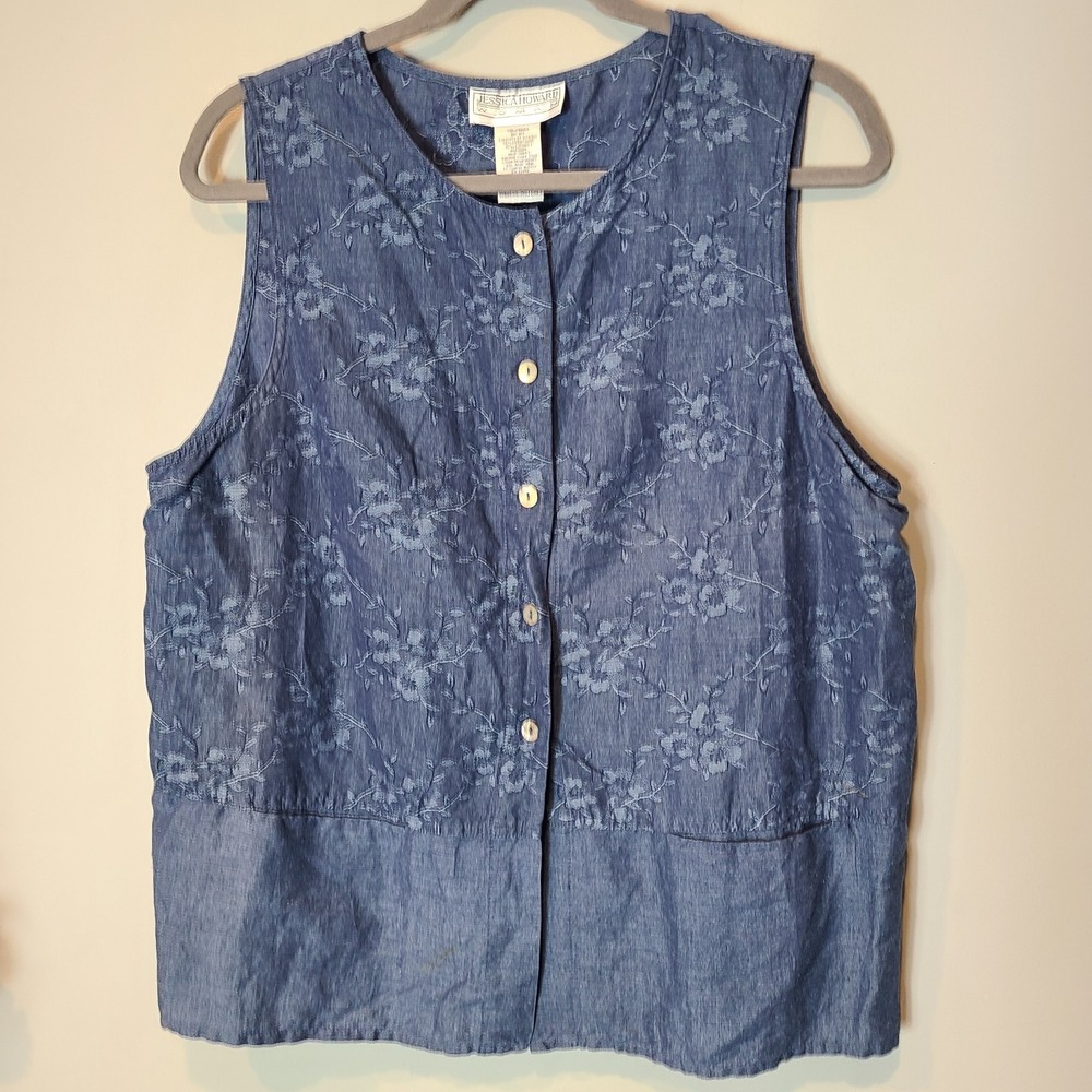 Jessica Howard button-down Blouse Linen Cottage Coastal Boho Euro Summer Floral